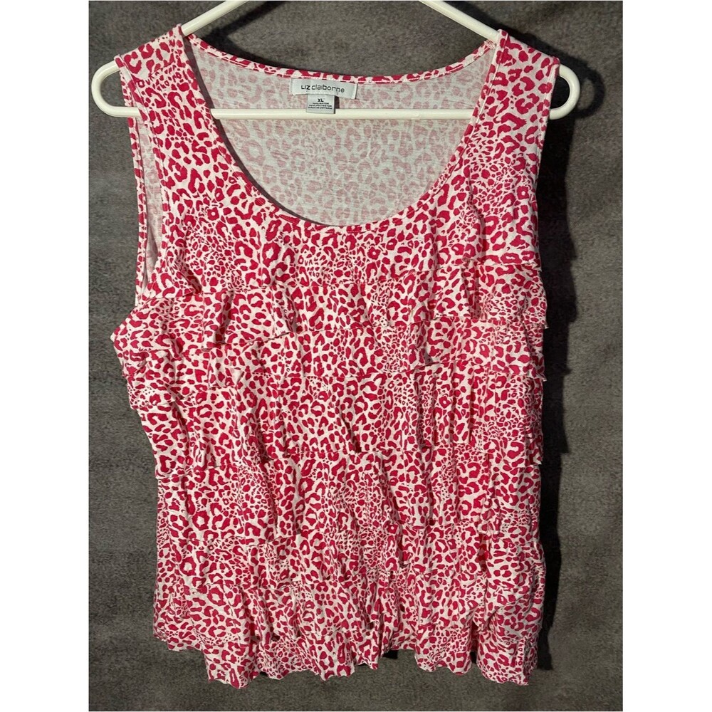 Liz Claiborne Pink Animal Print Tiered Ruffle Tank Top XL Sleeveless Leopard